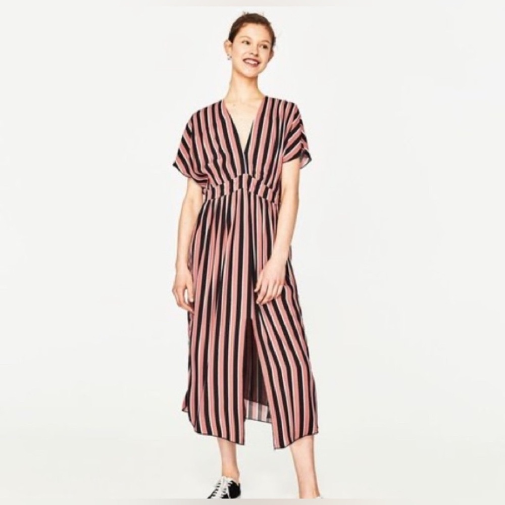 Zara Medium Pink & Black Striped Midi Dress